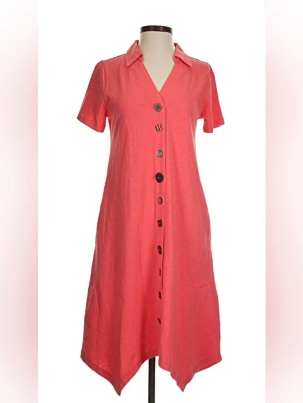 Soft Surroundings Coral-Red Button Front Collared Tunic